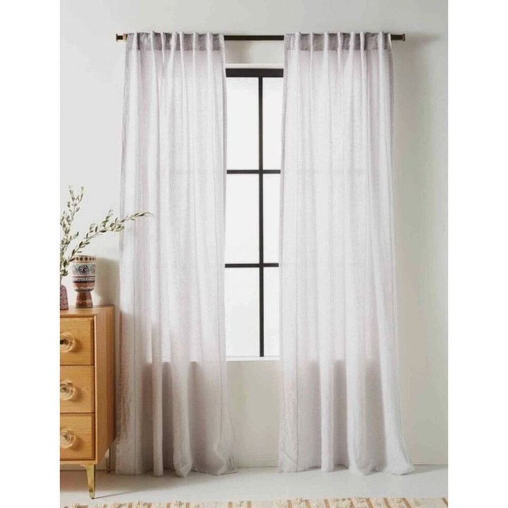 NWT Anthropologie Jazzy Linen Light Grey Curtain Edge Stitch 50" x 108" [jb]